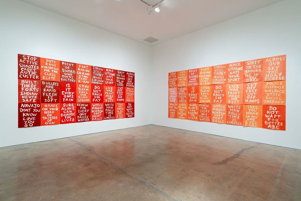 Installation view, Hock E Aye Vi Edgar Heap of Birds, SITElines.2018: Casa tomada, SITE SANTA FE, 2018. Photo by Eric Swanson