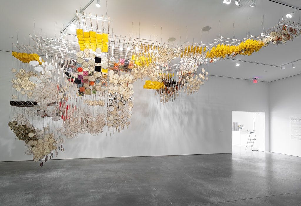 Jacob Hashimoto, "The Dark Isn’t The Thing to Worry About," 2017-2018, dimensions variable, acrylic,  UV  ink  prints, bamboo,  wood,  resin  and  cotton  string. Photo by Eric Swanson.