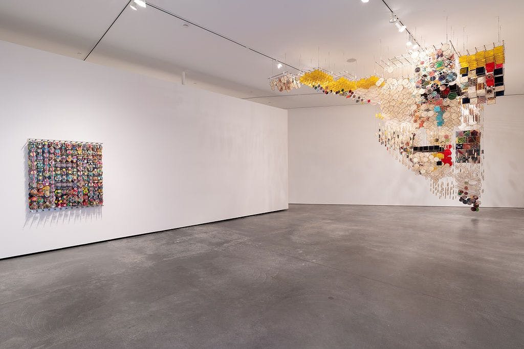 Jacob Hashimoto, "The Dark Isn’t The Thing to Worry About," 2017-2018, dimensions variable, acrylic,  UV  ink  prints, bamboo,  wood,  resin  and  cotton  string. Photo by Eric Swanson.
