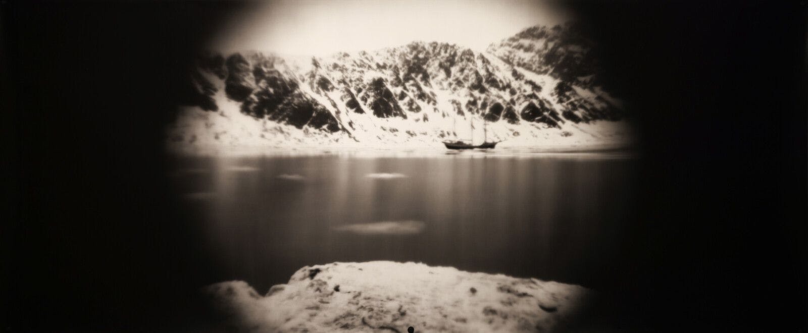 Tristan Duke, Antigua at Fjortende Julibukta, 2022, Gelatin Silver Photograph, made using Glacial Camera with a lens made from glacier ice.